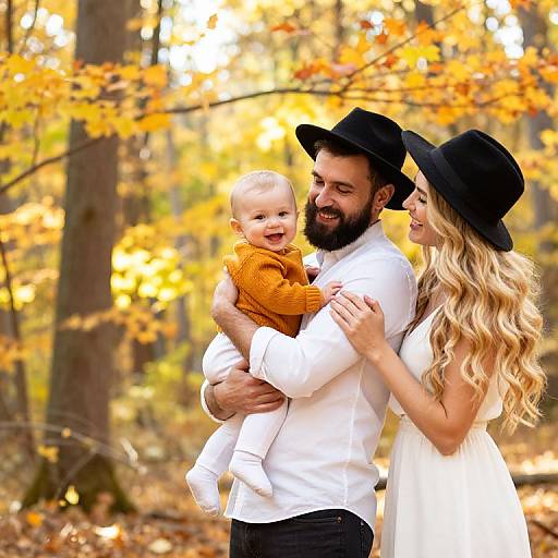 Photograph of a bearded man with black hat and white shirt, holding a smiling baby in orange, with a blonde woman in black hat and white