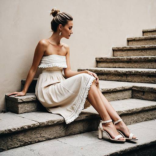 Woman in Ivory Strapless Dress Sitting on Stone Steps