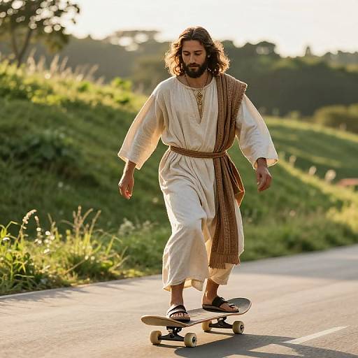 Photograph of a bearded man with long brown hair, wearing a white tunic and brown checkered sash, skateboarding on a sunny rural