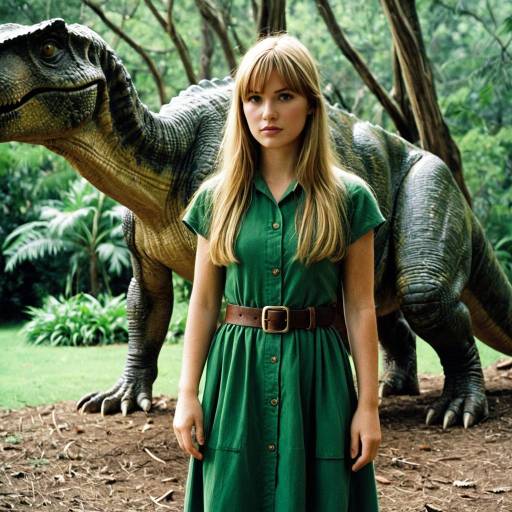 Woman in Green Dress with Dinosaur