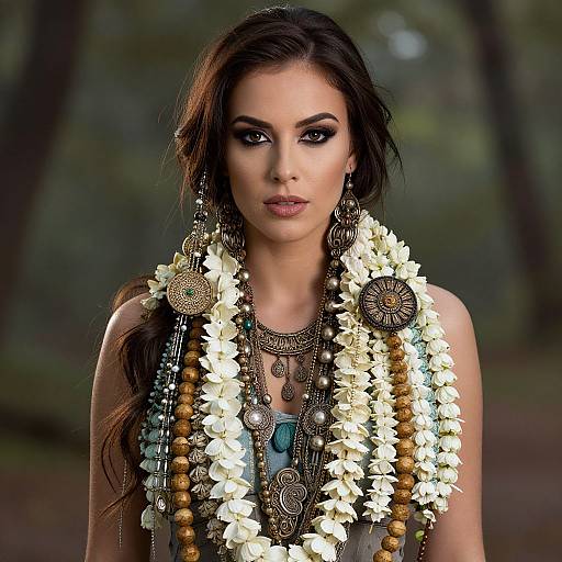 Photograph of a woman with dark hair, wearing elaborate white flower garland, heavy jewelry, and dark makeup, standing in a forest.