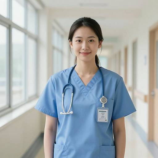Photograph of an Asian female nurse with black hair in blue scrubs, stethoscope around neck, ID badge, standing in bright hospital hallway.
