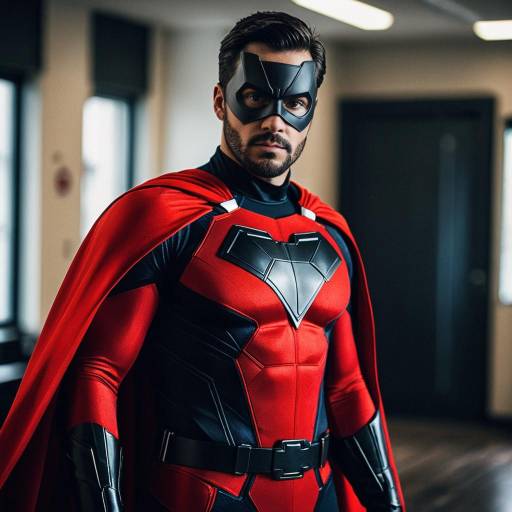 Male Superhero in Red Costume with Mask and Cape