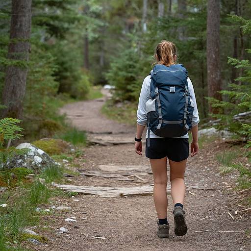 Photograph of a woman with blonde ponytail, white shirt, black shorts, and blue backpack hiking on a forest trail, surrounded by trees and green