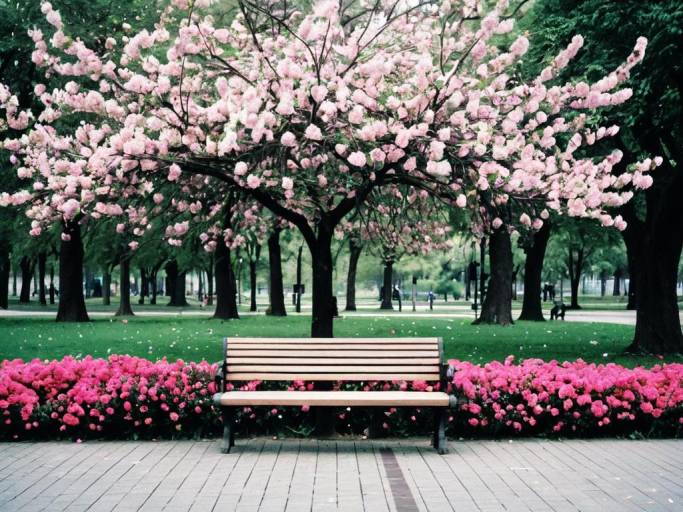 Serene Park with Pink Flower Trees