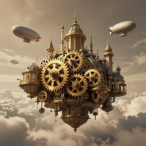 Steampunk airship with large golden gears, intricate domes, and turrets, floating above clouds with two airships in a sunlit sky