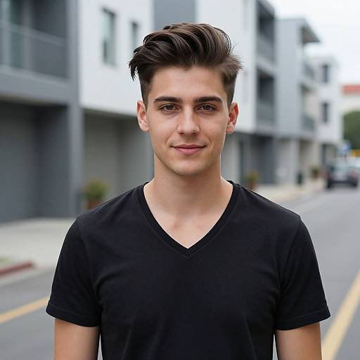 Photograph of a young, fair-skinned man with dark brown, neatly styled hair, wearing a black V-neck T-shirt, standing on a modern