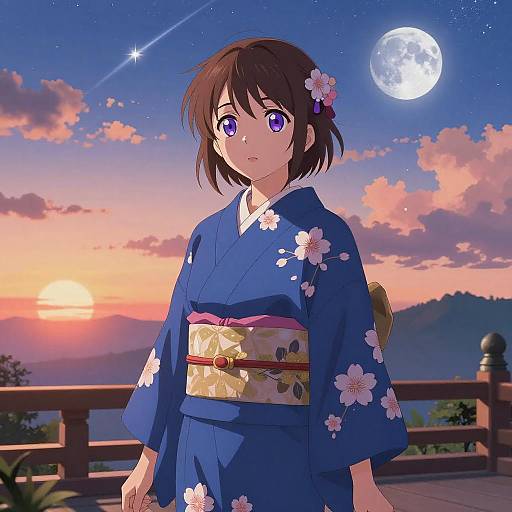 Anime Woman in Blue Kimono at Sunset