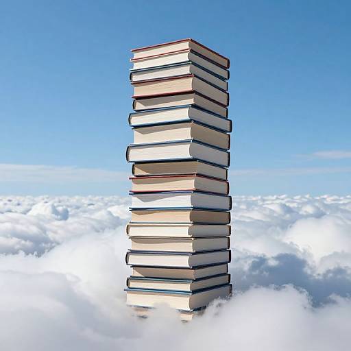 Surreal Tower of Books Above Clouds