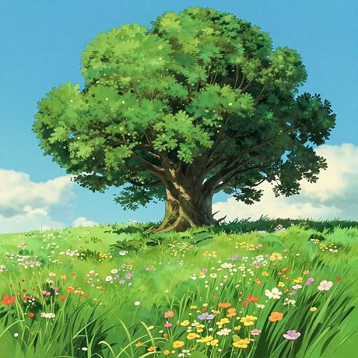 Digital illustration of a lush green tree with dense foliage, standing in a vibrant meadow filled with colorful wildflowers, under a bright blue sky with fluffy