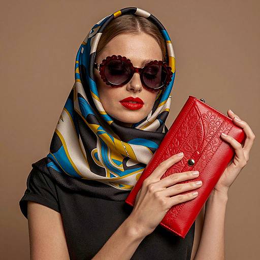Stylish Woman in Vibrant Scarf and Clutch