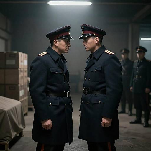 Two Military Officers Confronting in Warehouse