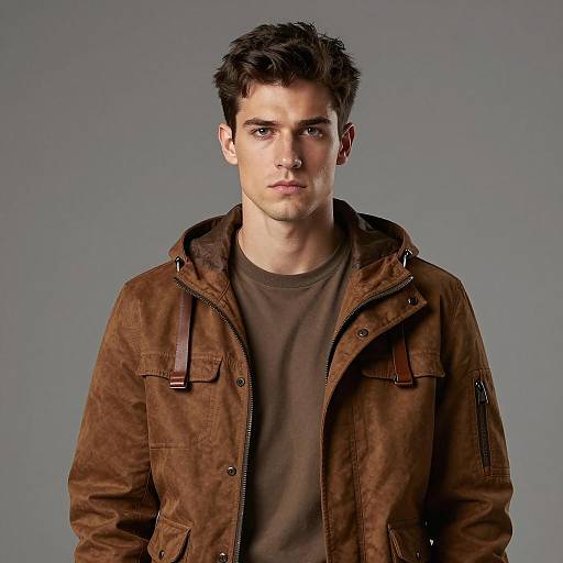 Serious Young Man in Brown Hooded Jacket