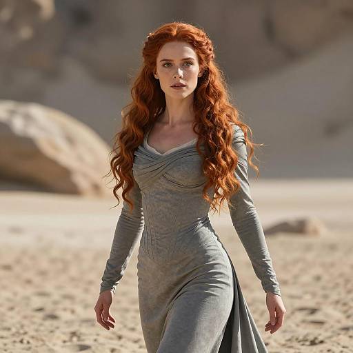 Red-Haired Woman in Medieval Gray Dress on Sandy Landscape