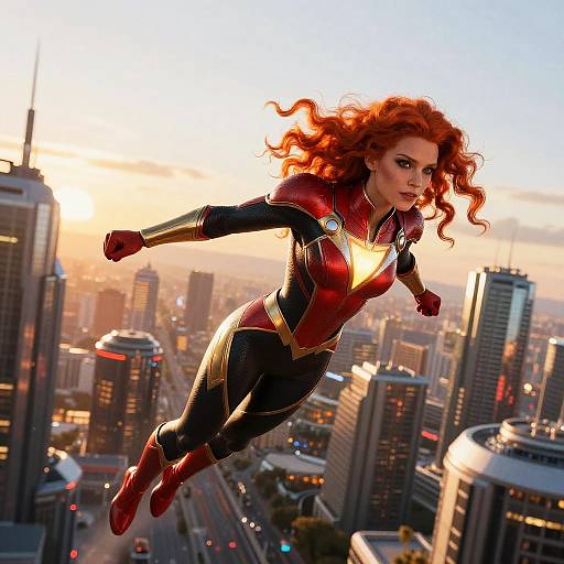 CGI image of a red-haired woman with curly hair, flying in a red and black superhero suit over a sunlit cityscape.