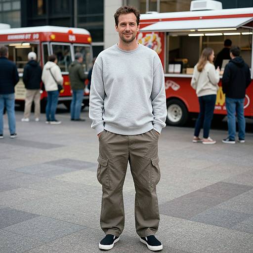 Photograph of a smiling man in a white sweatshirt, beige cargo pants, and black sneakers, standing in front of a red food truck in an
