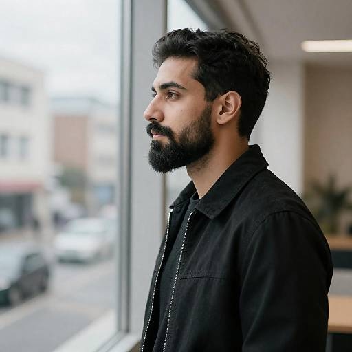 Contemplative Bearded Man at Window