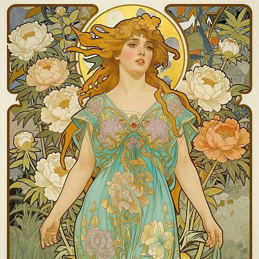 Art Nouveau-style digital drawing of a fair-skinned woman with long, flowing orange hair, wearing a turquoise dress adorned with floral patterns, surrounded by