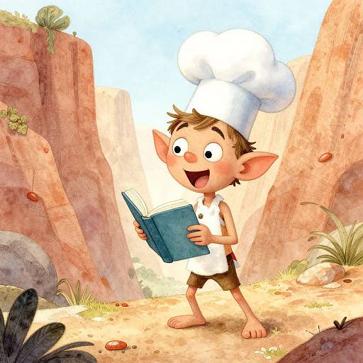 Cartoon elf boy in white chef hat and sleeveless shirt, barefoot, reading book in rocky desert canyon landscape. Bright, colorful, whimsical