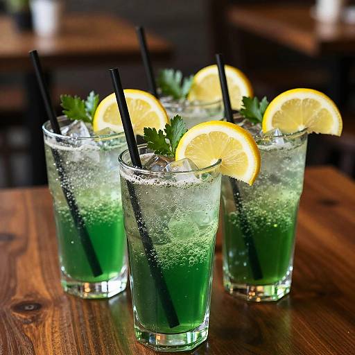 Photograph of four green cocktails with lemon slices, sprigs of parsley, black straws, and ice, on a wooden table.