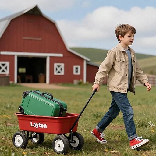 Young Boy with Red Cart and Suitcase