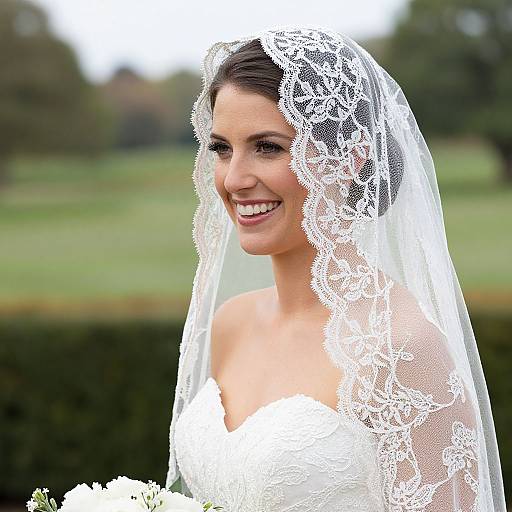 Photograph of a smiling bride in a white lace veil and strapless lace wedding dress, holding white flowers, against a green, blurred outdoor background.