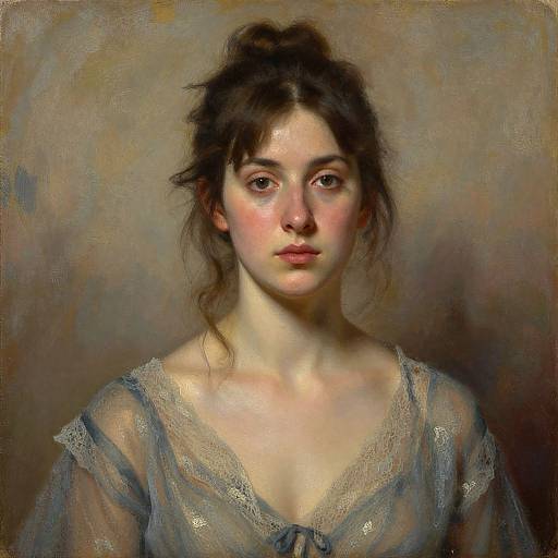 Digital painting of a young woman with fair skin, brown hair in a messy bun, and soft pink cheeks, wearing a sheer, blue, lace-tr