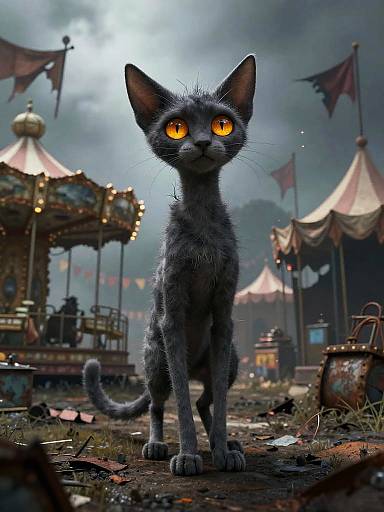 Spooky Stylized Cat in Ruined Carnival