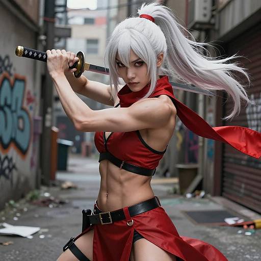White-Haired Warrior Woman with Katana