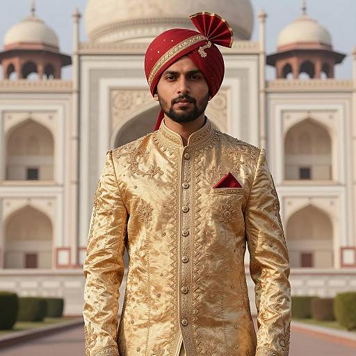 Indian Groom in Gold Sherwani and Red Turban