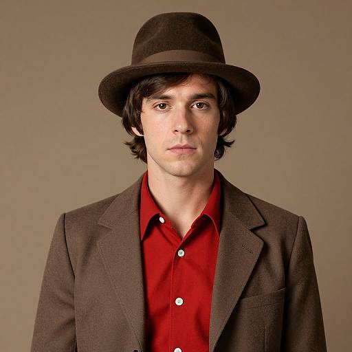 Photograph of a young man with fair skin, dark brown hair, wearing a black fedora, red button-up shirt, and brown blazer,
