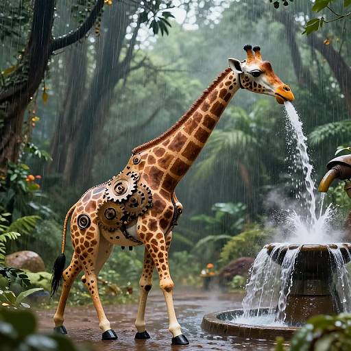 Photograph of a giraffe with ornate black and gold patterns, drinking from a splashing fountain in a lush, rain-soaked jungle.