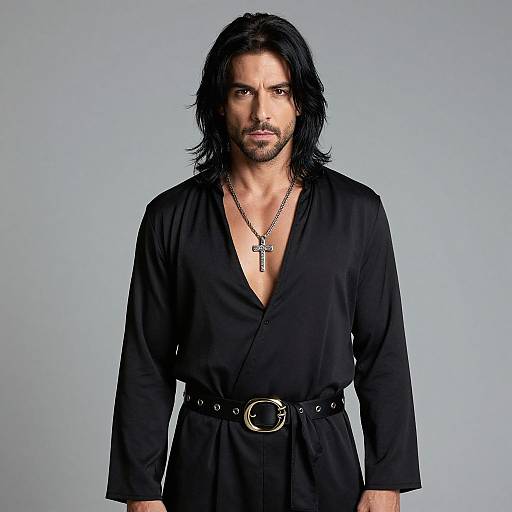 Photograph of a handsome man with long black hair, stubble, wearing a black V-neck shirt, silver cross necklace, and belt with buckle,