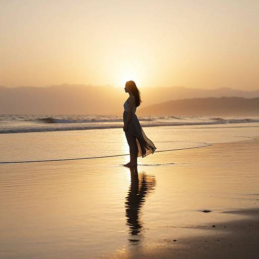 Silhouetted woman in flowing dress walks along wet beach at sunset, with golden sun reflecting in the shallow water. Photograph.