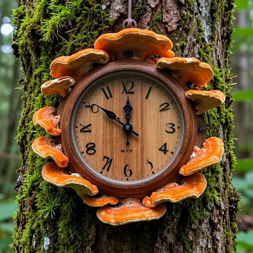Wooden clock with orange mushroom-like decorations, hanging on a moss-covered tree in a forest, photograph.