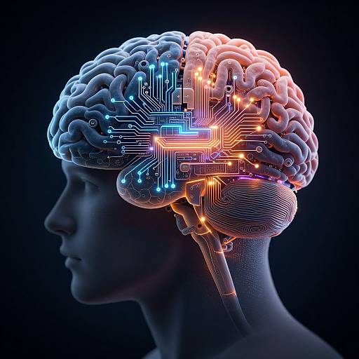 Digital CGI of a side-profile human head with glowing, colorful neural circuitry inside, illuminated against a dark background.