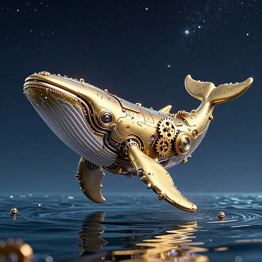 Digital artwork of a golden, gear-filled, mechanical whale swimming in a starry night ocean, reflecting on calm water. Steampunk style.