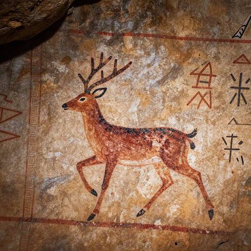 Ancient mosaic of a brown deer with black antlers, walking, on a textured, golden-brown background with red and black geometric symbols.