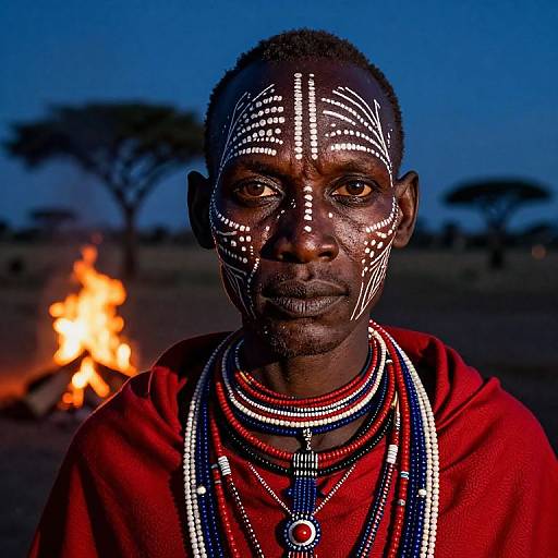 Photograph of a dark-skinned African man with white body paint, wearing red shirt and multiple bead necklaces, against a twilight savanna background with
