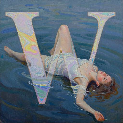 Digital painting of a woman with fair skin and brown hair, wearing a white, semi-transparent dress, floating in water with a large, iridescent