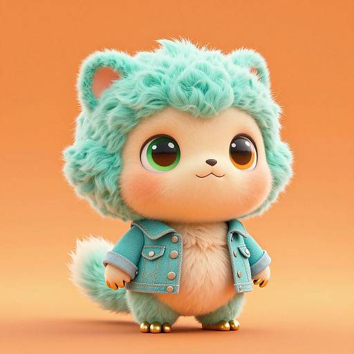 Cute, chibi-style, CGI furry character with turquoise fluffy fur, large green eyes, wearing a blue denim jacket, standing against an orange background