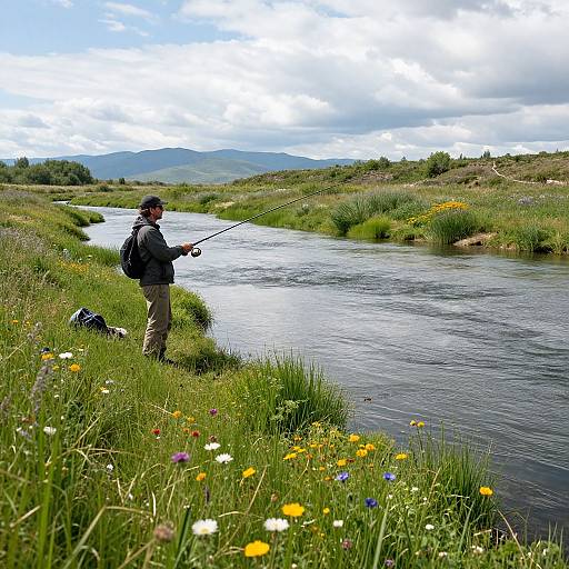 Photograph of a man in a black hat and backpack fishing in a grassy, wildflower-filled riverbank with mountains in the background.