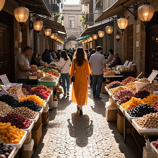 Photograph of a sunlit, bustling outdoor market with a woman in a yellow dress walking down a cobblestone aisle, surrounded by colorful fruit and