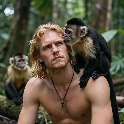 Jungle Portrait of a Man and Monkey