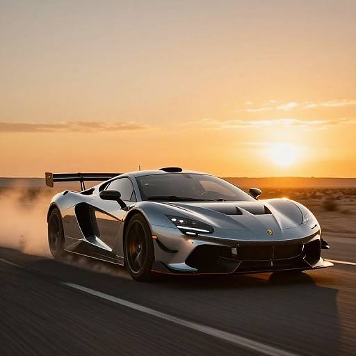 Photograph of a sleek, silver Porsche 918 Spyder speeding on a desert road at sunset, with orange sky and dust trail.