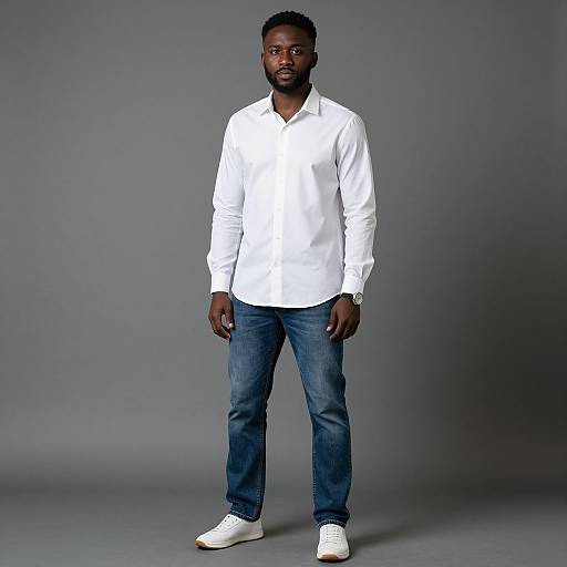 Photograph of a tall, black man with a beard, wearing a white long-sleeve shirt, blue jeans, and white sneakers, standing against