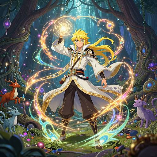 Digital fantasy illustration of a blond, green-eyed mage in a white and black outfit, conjuring colorful magic in a enchanted forest with glowing creatures and vibrant