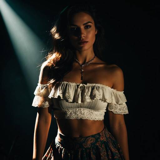 Woman in Ivory Off-Shoulder Lace Top with Paisley Skirt