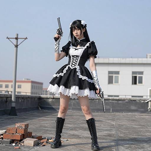 East Asian Woman in Gothic Dress Holding Revolvers on Rooftop