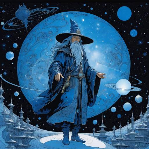 Cosmic Wizard in Detailed Ink Illustration